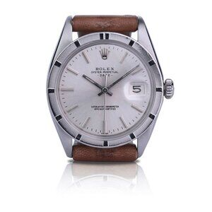 ROLEX DATE UNISEX SILVER INDEX DIAL ENGINE-TURNED BROWN LEATHER WATCH 34 MM 1500